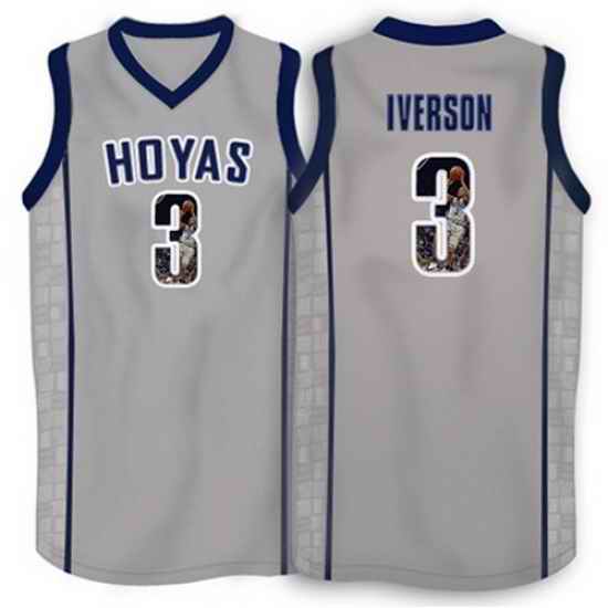 Georgetown Hoyas 3 Allen Iverson Gray 1996 Throwback With Portrait Print College Basketball Jersey2
